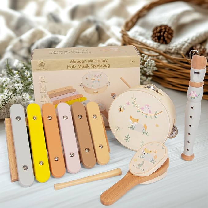 Wooden Musical Instruments Set for Toddlers 1-3, Natural Wood Percussion Instruments Xylophone Gift Set for Girls Boys Kids ,Preschool Educational Musical Toys