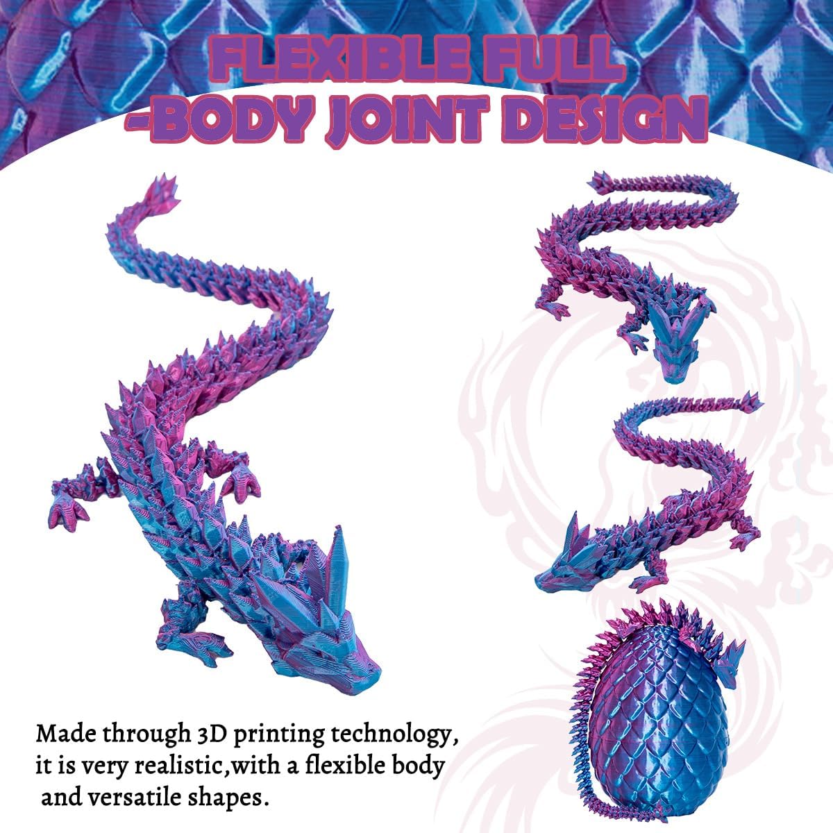 3D Printed Dragon Eggs with Dragon Inside, 12In Laser Purple Dragon Egg Fidget Toy, Executive Desk Articulated Dragon Toy, Home Office Decor