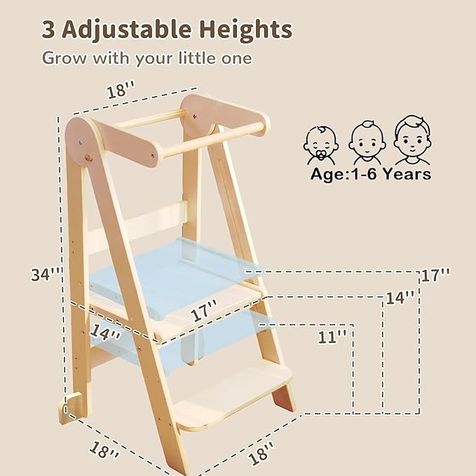 Foldable Toddler Tower Preassembled Kitchen Stool, Folding Tower for Learning with 3 Adjustable Heights Montessori Toddler Standing Tower Collapsible Step Stool for Kids 1.5-6y Natural