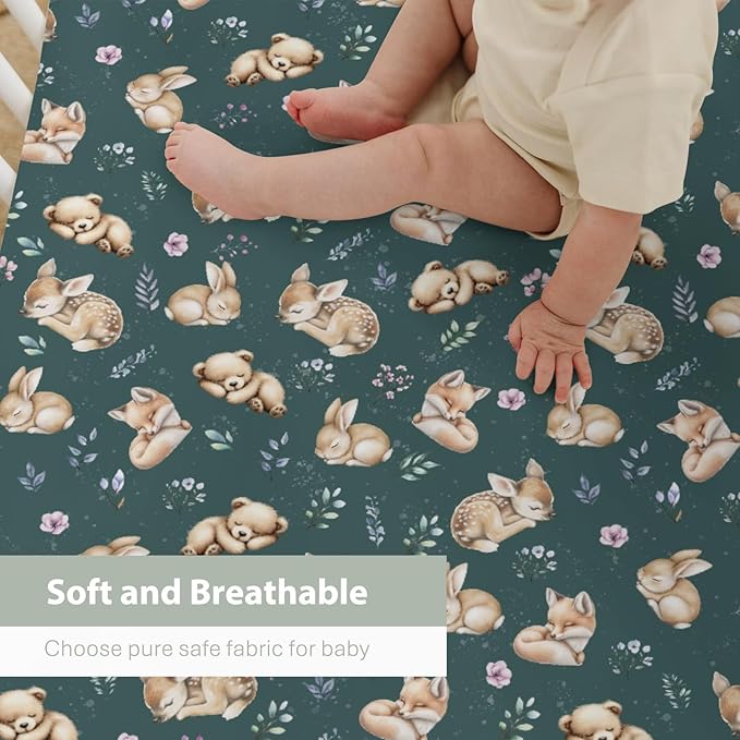 Sleeping Spring Animals Baby Crib Sheets Boy Girl 28"x52" Bear Deer Bunny Floral Leaves Soft Snug Fitted Crib Mattress Cover Cute Animals Baby Sheet for Standard Crib & Toddler Mattress