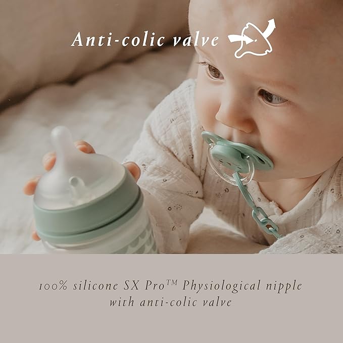 Suavinex Bonhomia Glass Baby Bottle with SX PRO Silicone Nipple, Anti Colic Baby Bottles, Baby Bottles for Breastfed Babies, Medium Flow, 3mo, 8oz, Mint