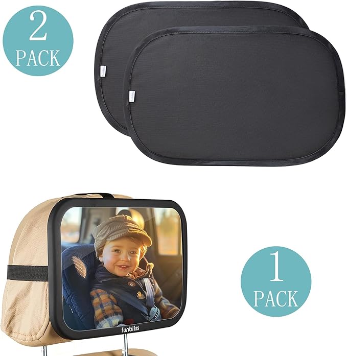 Funbliss Baby Car Mirror + 2-Pack Car Window Shades Bundle -100% Shatterproof, Wide Angle Convex