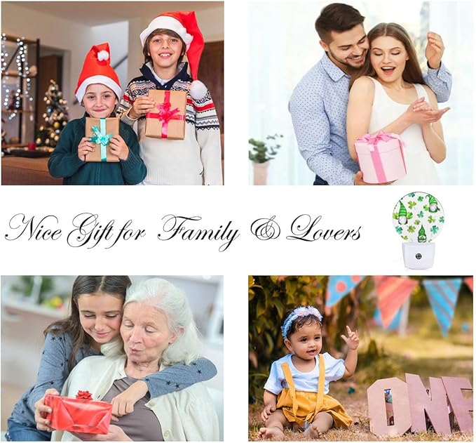 EKOBLA Cute Patrick's Gnome Night Light Green Shamrock Clover Leaves Plug-in Nightlights Auto Sensor LED Plug-in Nightlights for Men Women Girls Boys Home Decor