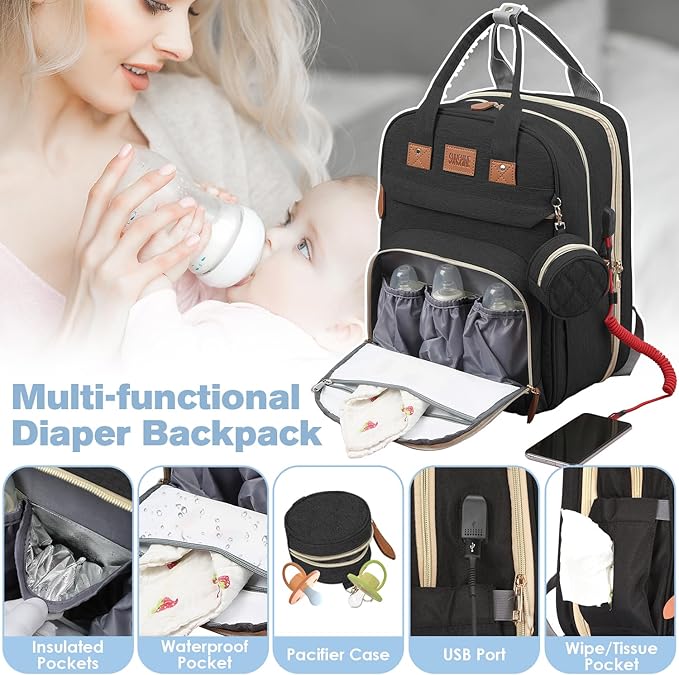 Diaper Bag Backpack, Large Diaper Bag with Changing Station, Baby Bag, New Mom Gifts, Lightweight Waterproof Unisex Diaper Bag with Insulated Pockets and USB Charging Port, Black