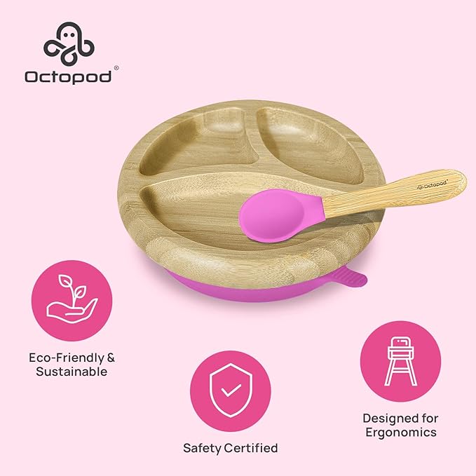 Abiie Octopod Bamboo Dish - Kids Plates for 4 months and up, 3-Compartment Baby Plates with Suction, Round Bamboo Baby Plate, Mess-Free Toddler Suction Plates, Baby Feeding Supplies, 7.5 x 7.5 x 1.9in