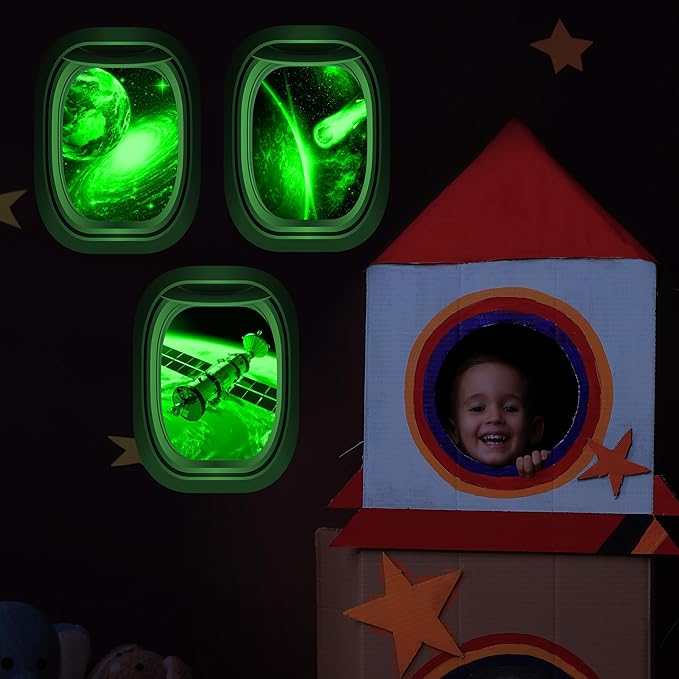 Glow in The Dark 3D Space Wall Decals, Set of 3 Galaxy Window Stickers for Wall, Space Themed Room Decor for Kids Boys (Green)