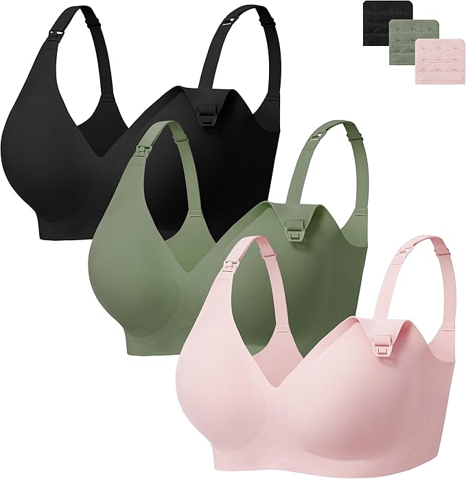Angelhood 3 Pack Nursing Bras for Breastfeeding Seamless Pregnancy Maternity Bra Wireless Sleep Bralette with Extenders