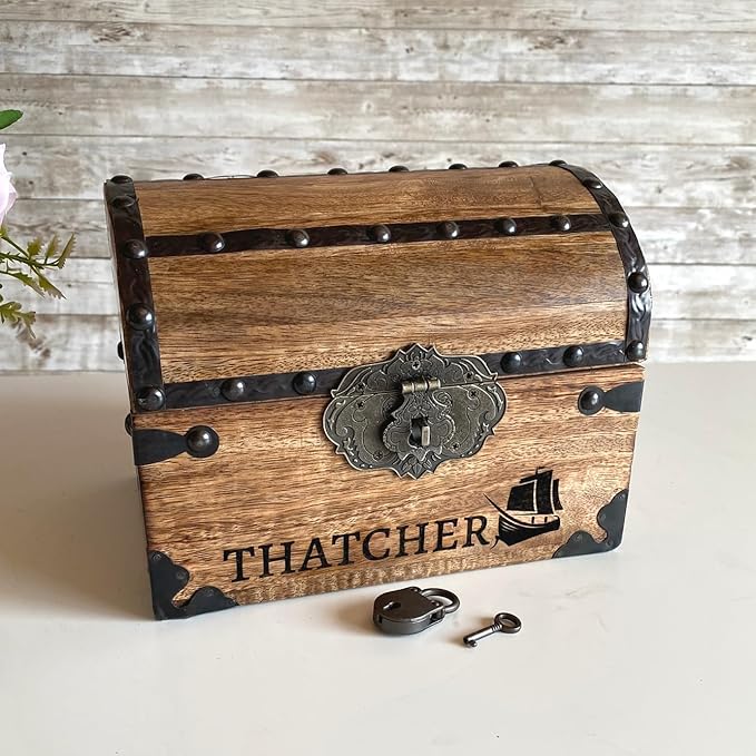 Nautical Cove Personalized Wood Treasure Chest - Pirate Chest with Custom Engraving (Small 8x6x6) – Decorative Storage Chest, Treasure Box, Wooden Keepsake Box