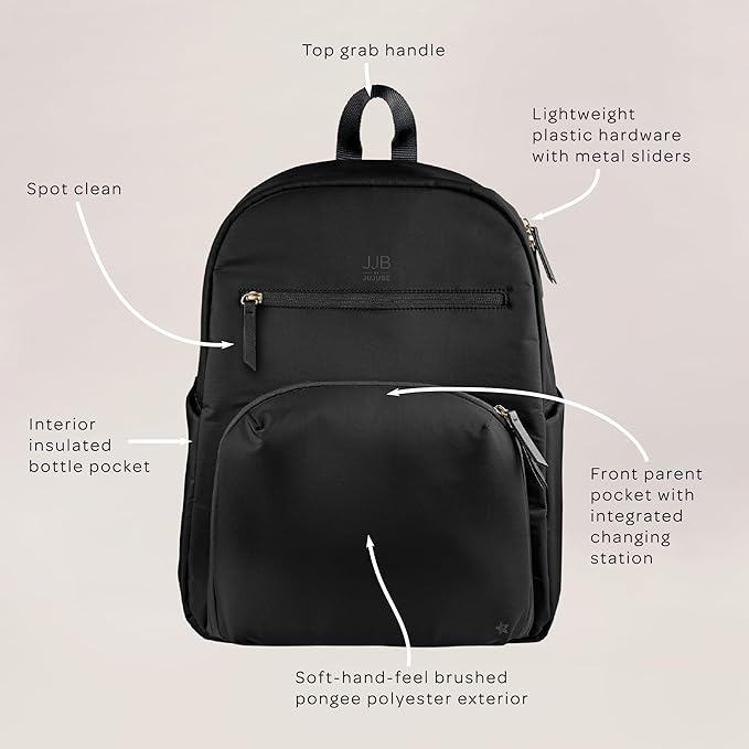 JuJuBe JJB New Deluxe Diaper Bag Backpack with Portable Changing Pad, Stroller Straps, Large Travel Backpack for Boy or Girl, Carrying Baby Bottles, Diapers, Pacifiers, Black, Mother's Day Gift