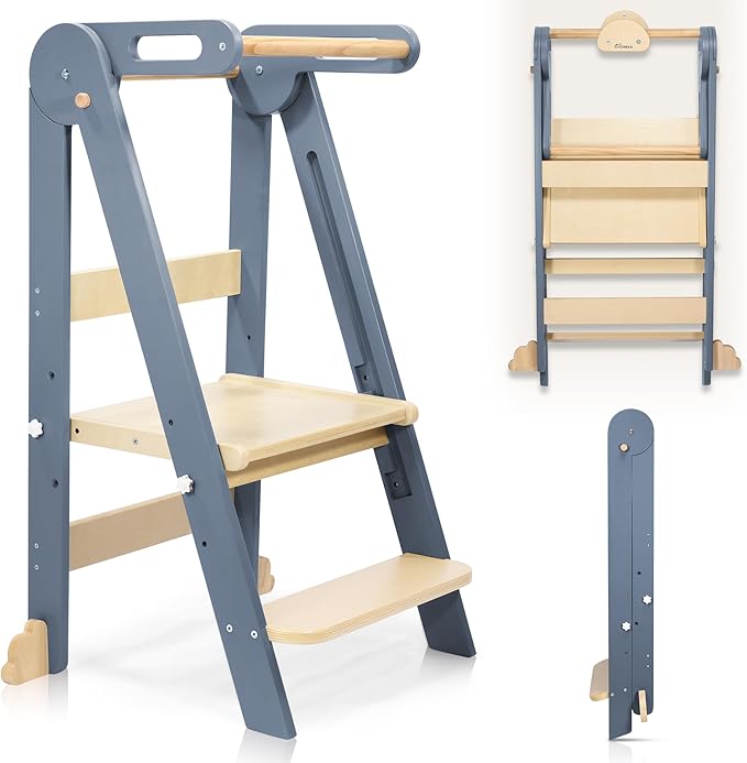 Foldable Toddler Kitchen Wood Step Stool with Hook, Pre-Assembled Wooden Folding Montessori Learning Helper for Kids, Folding Standing Tower with 3 Adjustable Height Step for Counter Sink-Gray