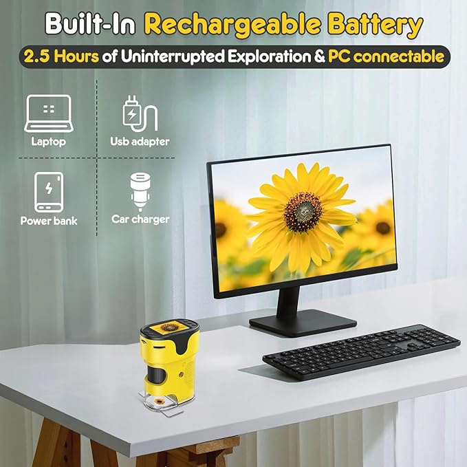 1000X Handheld Microscope for Kids 4K 2.0" Screen Rechargeable Mini Pocket Digital Microscopes w/Slides Kit Portable Edu Gift Age 4-6 8-12 Children Students (Yellow)