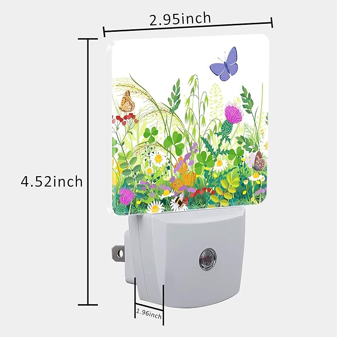 Summer Meadow Plants and Insects Night Light Plug into Wall with Dusk to Dawn Sensor Cute Nightlight for Kid Girls Boys Women Men Room Decor, Hallway, Kitchen, Bathroom, Nursery, Stairs