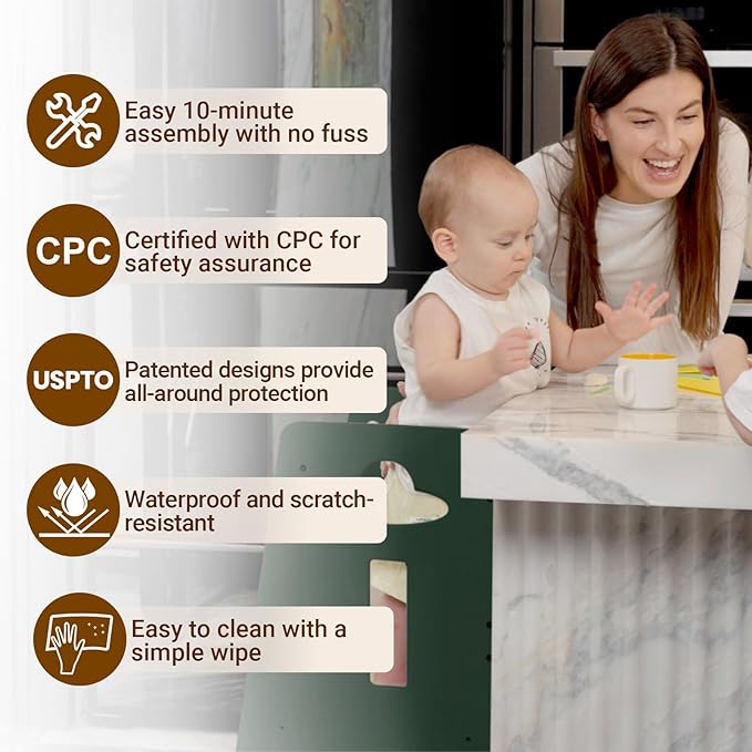 COSYLAND Toddler Standing Tower Adjustable Height - Super Stable Toddler Kitchen Stool Helper - 3 Levels Adjustable Wooden Kids Kitchen Stool (Natural & Green)