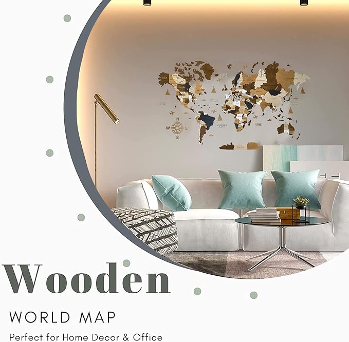 Wooden World Map 3D Art Large Wall Decor - Size (M & L & XL) Any Occasion Gift Idea - Wall Art For Home & Kitchen or Office (COFFEE, 83,86" x 44,49")