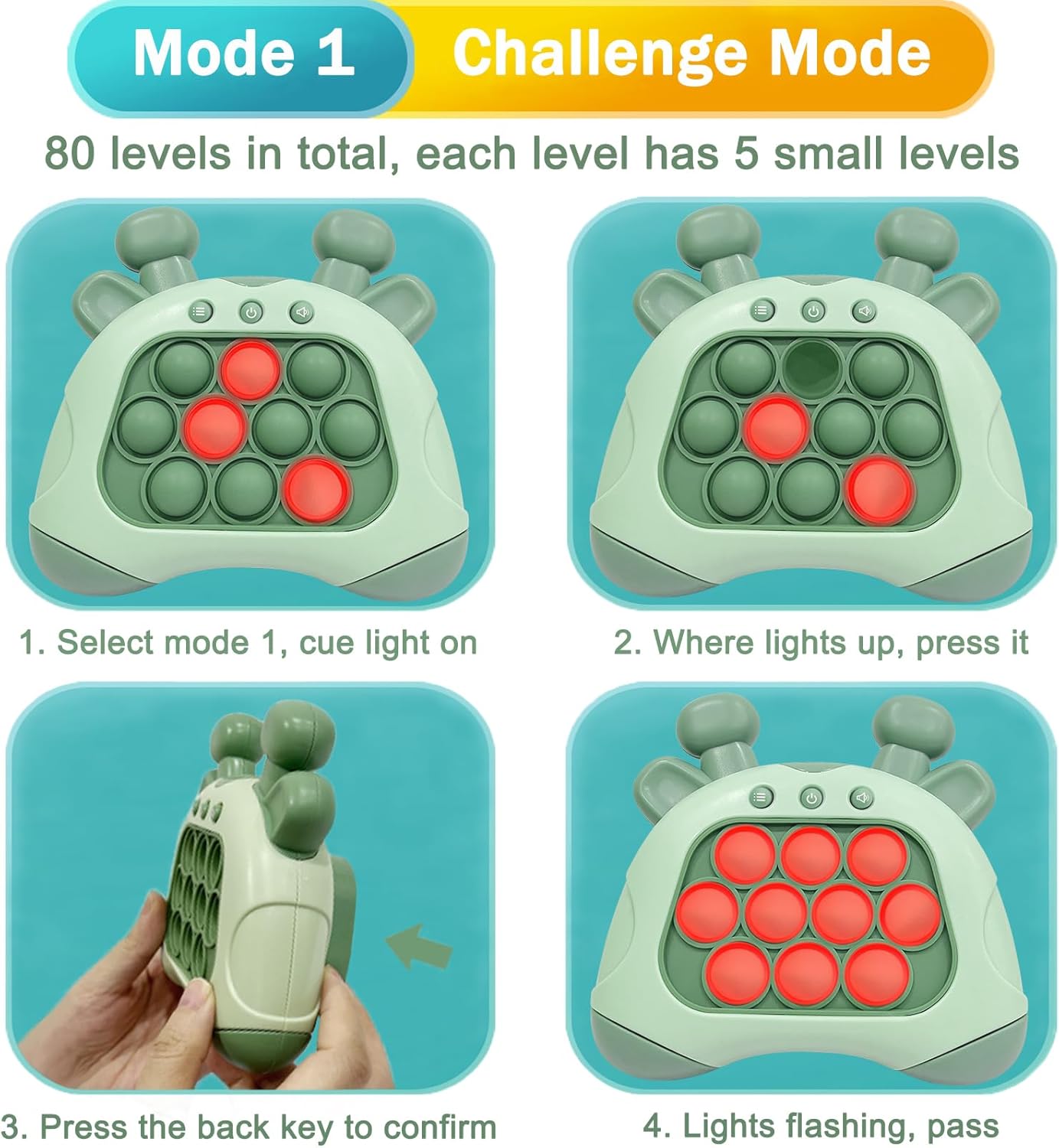 Pop Quick Push Game Console Fidget Toys Light Up Handheld Puzzle Press Popping Toy for Kids Adult Green Deer