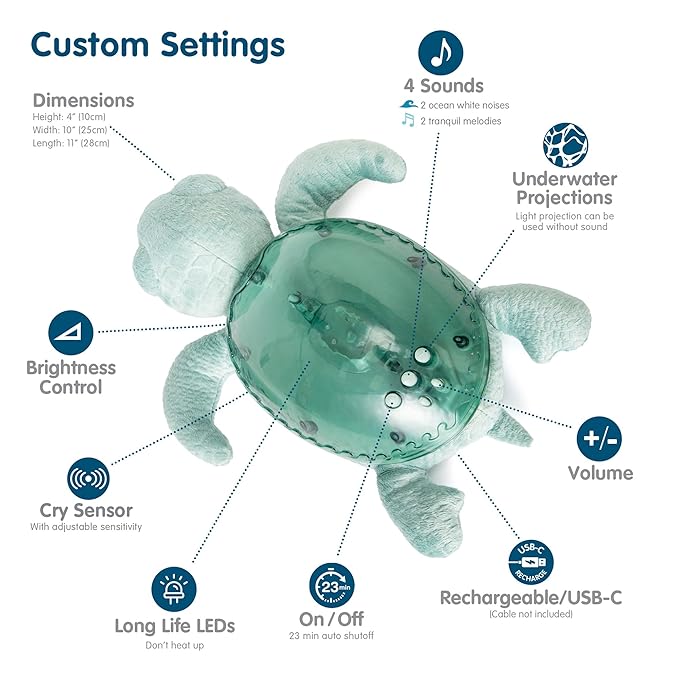 Cloud b Ocean Projector Nightlight with 2 White Noises & 2 Soothing Sounds | Adjustable Settings | Cry Sensor | Tranquil Turtle - Green (Rechargeable)