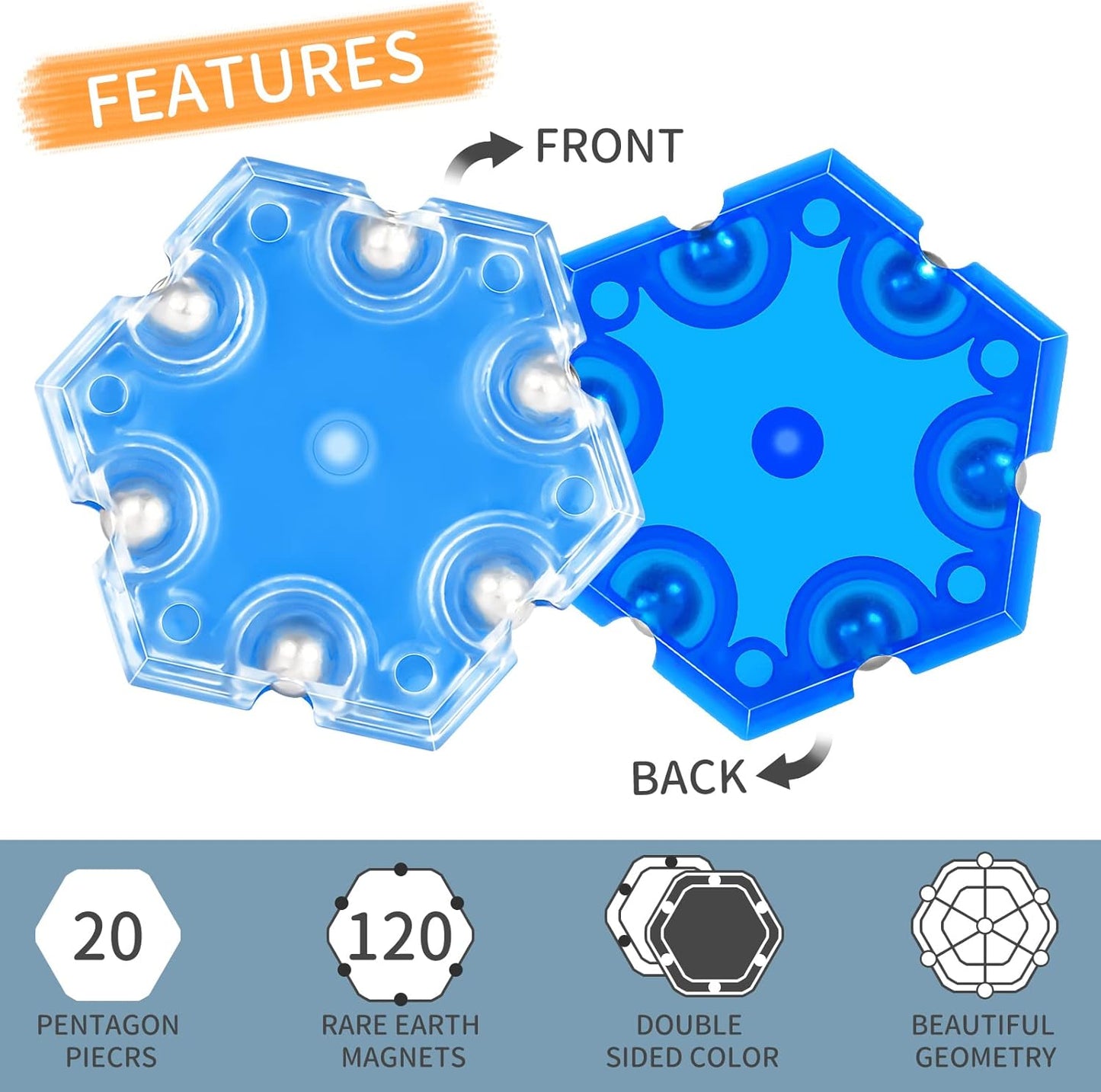 Fidget Sphere Toys of 20-Piece Set Hexagons Fun Executive Desk Toy Puzzles for Adults 14+ Years Old Boys and Girls-Fidget Blocks 3D-Blue Hexagon