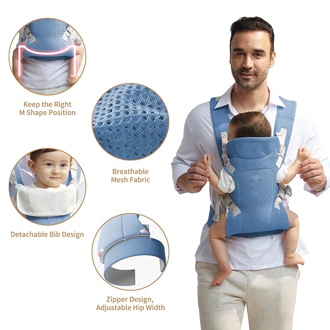 IULONEE Baby Carriers from Newborn with Detachable Bibs Ergonomic Portable Baby Front & Back Backpack Carry Adjustable Toddlers Carrier for Infant Within 33lbs Sky Blue