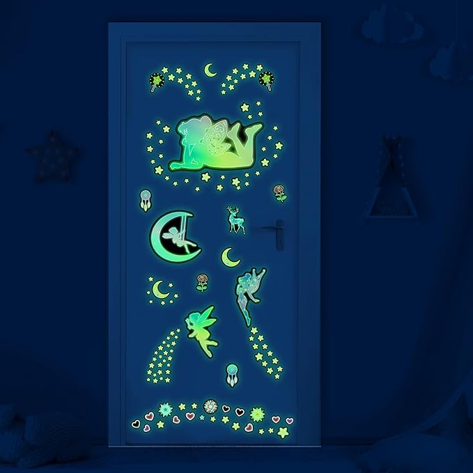 Glow in The Dark Fairy Star Wall Stickers, Neon Fantasy Elf Butterfly Wall Decal for Girls Room, Baby Girl Boy Bedroom Ceiling Nursery Decoration