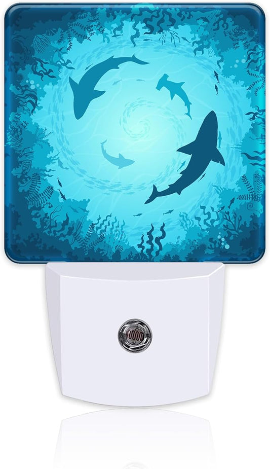 Blue Sharks and Corals Underwater World Fish Marine Lifes Dusk to Dawn Night Light Plug in, 0.5w Energy Saving Sleep Friendly NightLight for Kids Boys Girls Home Decor