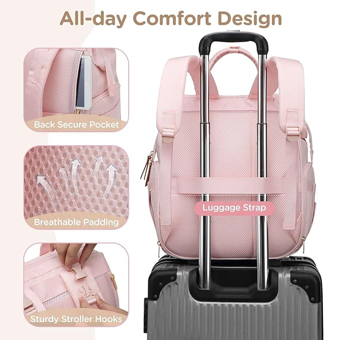 Breast Pump Bag for Spectra & Work with 14 inch Laptop Sleeve - Convertible Large Diaper Bag Backpack with Cooler Storage for Travel, Pink