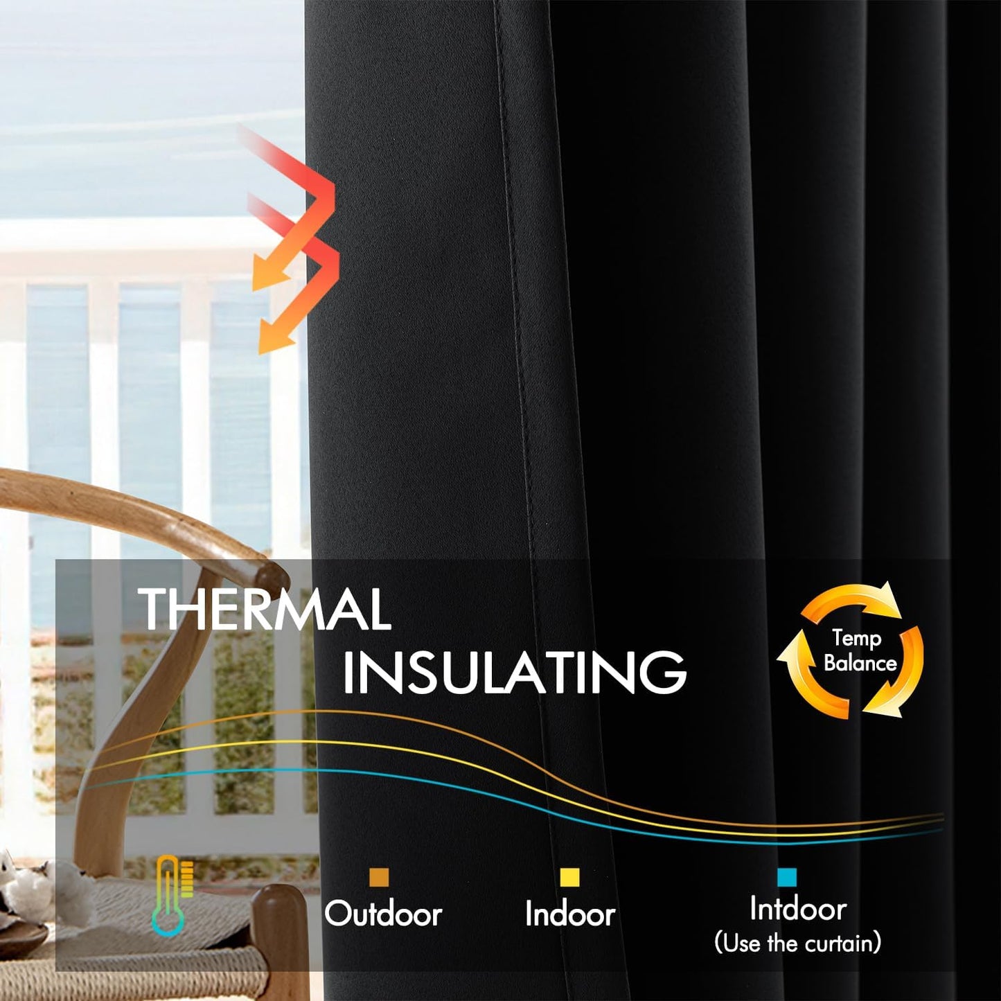 ANRODUO Back Tab Blackout Curtains for Bedroom Living Room, Rod Pocket Pinch Pleated Thermal Insulated Room Darkening Curtains 108 Inches Long 2 Panels, Black, 52 x 108 Inch