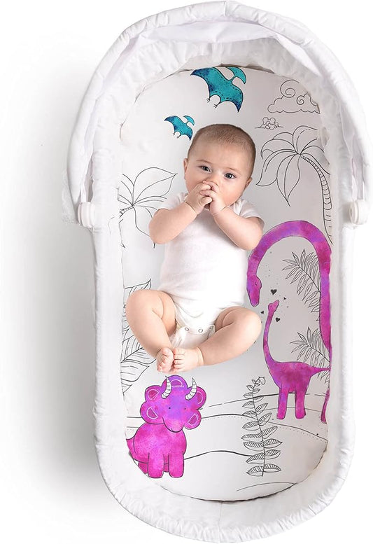 JumpOff Jo - Hypoallergenic Fitted Bassinet Sheet for Baby Boys & Girls - Rectangular, Hourglass & Oval Crib Compatible, Soft, Breathable, Machine Washable - Tiny Dino, Pink