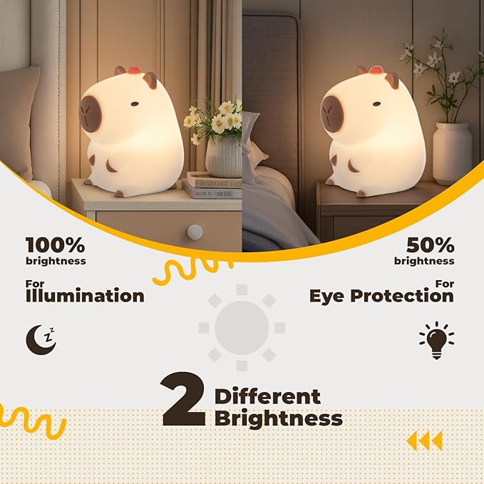 LED Squishy Animal Night Light - 2 Level Dimmable Nursery Lamp for Kids, Rechargeable Touch Lamp, Cute Dorm Decor - Perfect Baby Boys Girls Gift (Kapibala)