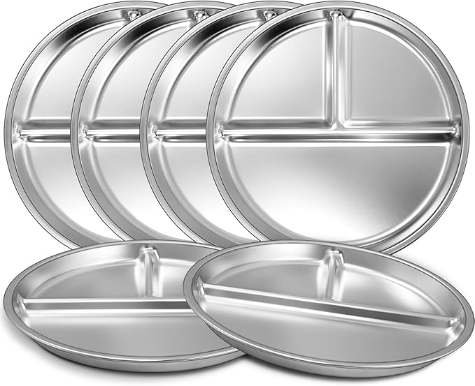 EWFEN Stainless Steel Toddler Plate Set of 6, 9" Portion Control Plates Divided Plate for Adults Kids Balance Lunch, Non Slip | Unbreakable Toddler Baby Feeding Set Dishwasher Safe