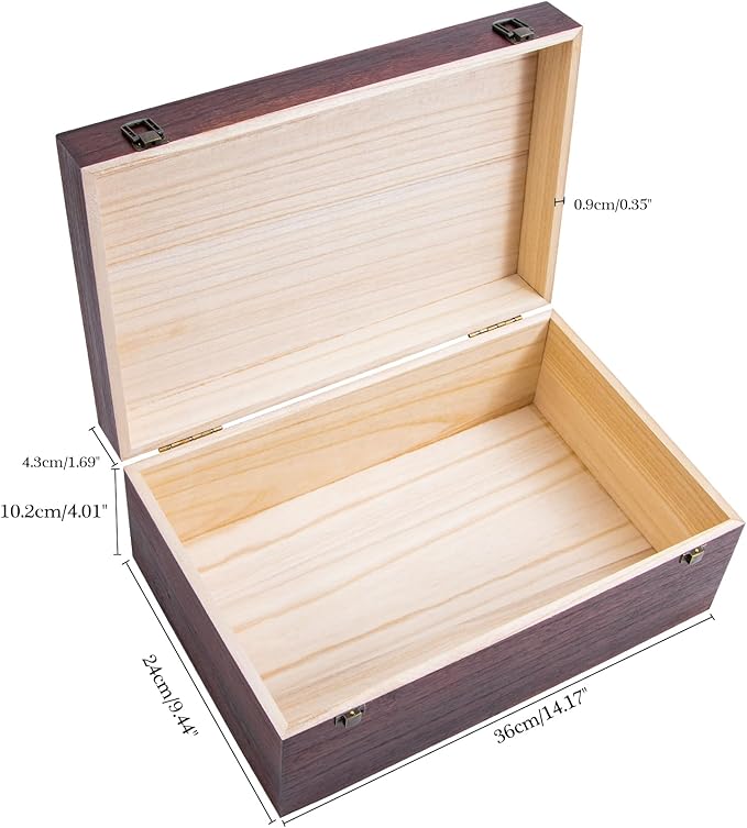 Wooden Storage Box with Hinged Lid and Front Clasp, 14''x9.4''x5.9'' Large Wood Storage Box, Wooden Boxes Wood Gift Boxes for Crafts Art Hobbies and Valentine's Day Decoration,Vintage Color