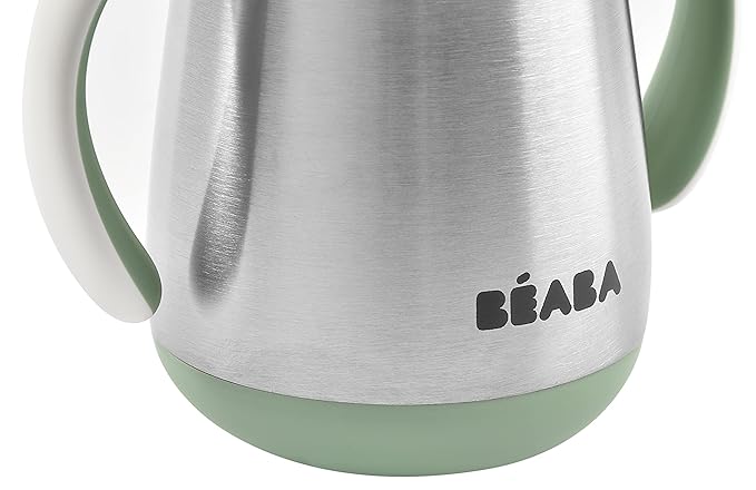 Beaba Stainless Steel Straw Sippy Cup, Insulated Toddler Cups Spill Proof with Removable Handles, Made with High Grade Stainless Steel, 8+ Months, 8 oz (250mL), (Sage)