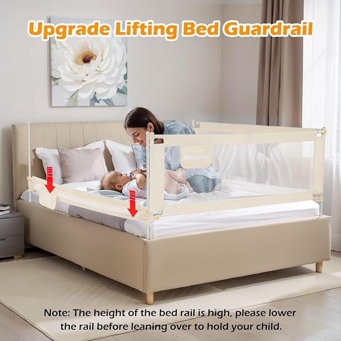 welspo 70 Inches Bed Rail for Toddlers Fold Down Safety Baby Bed Guard Swing Down Bedrail for Convertible Crib, Kids Twin, Double, Full Size Queen & King Mattress, Beige [Upgraded] (1 Pack)