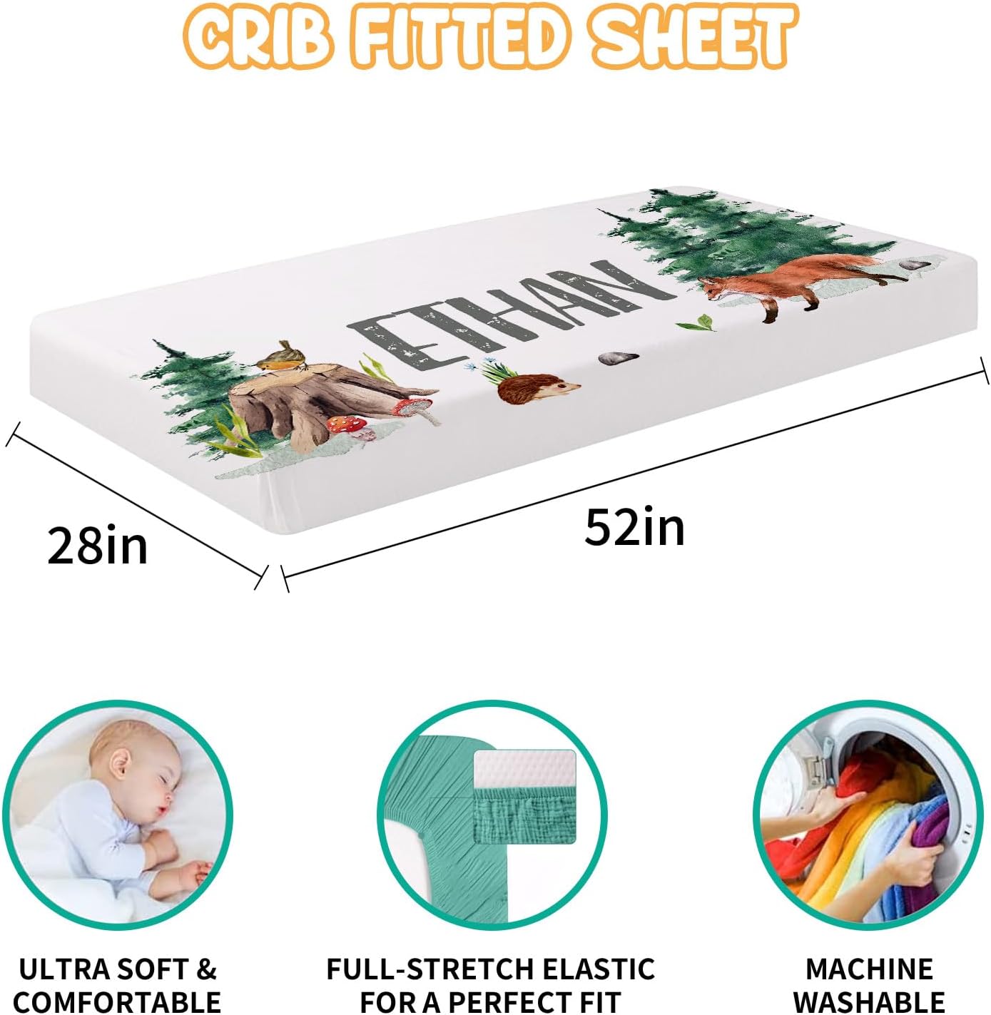 Custom Crib Bedding Set - Woodland Animals Design Personalized Name Baby Nursery Bed 3 Pcs Set - Chic Soft Blanket with Dotted Backing, Sheet, Pillowcase for Newborn Girls Boys Gifts Color13