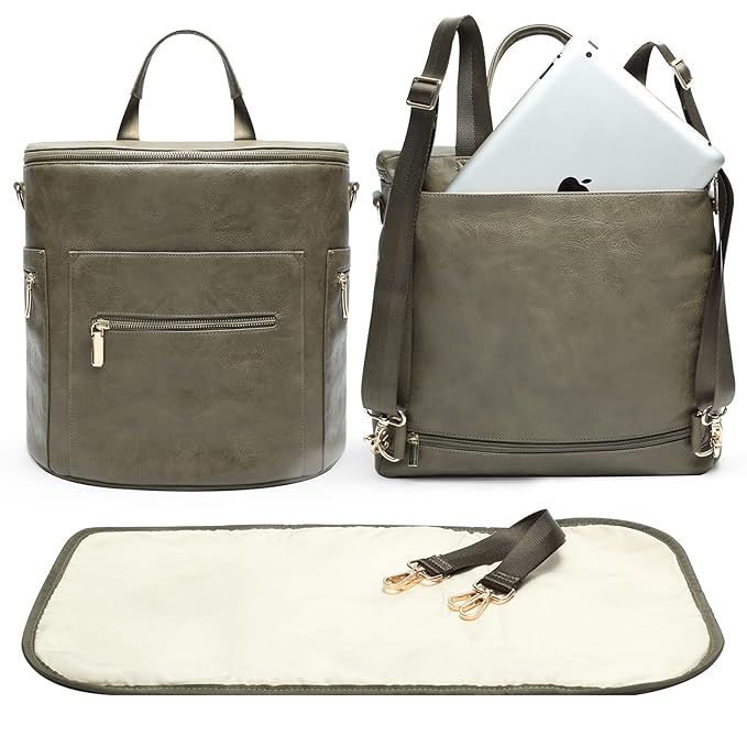 miss fong Diaper Bag Backpack Baby Diaper Bag, Large Leather Diaper Backpack with 16 Pockets Travel Diaper Bag with Diaper Changing Pad, Stroller Straps & 2 Insulated Pockets (Convertible, Forest)