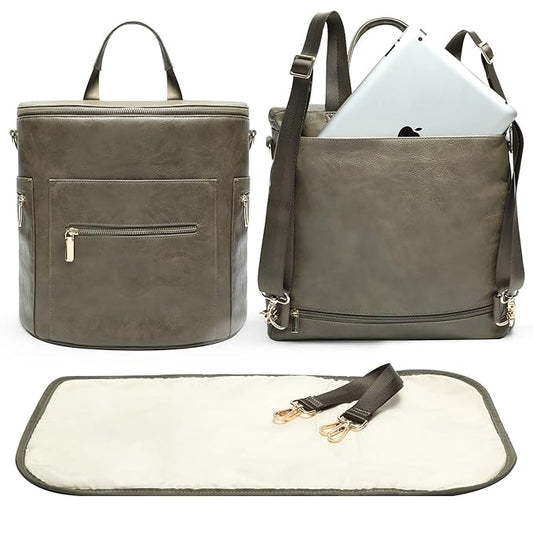 miss fong Diaper Bag Backpack Baby Diaper Bag, Large Leather Diaper Backpack with 16 Pockets Travel Diaper Bag with Diaper Changing Pad, Stroller Straps & 2 Insulated Pockets (Convertible, Forest)
