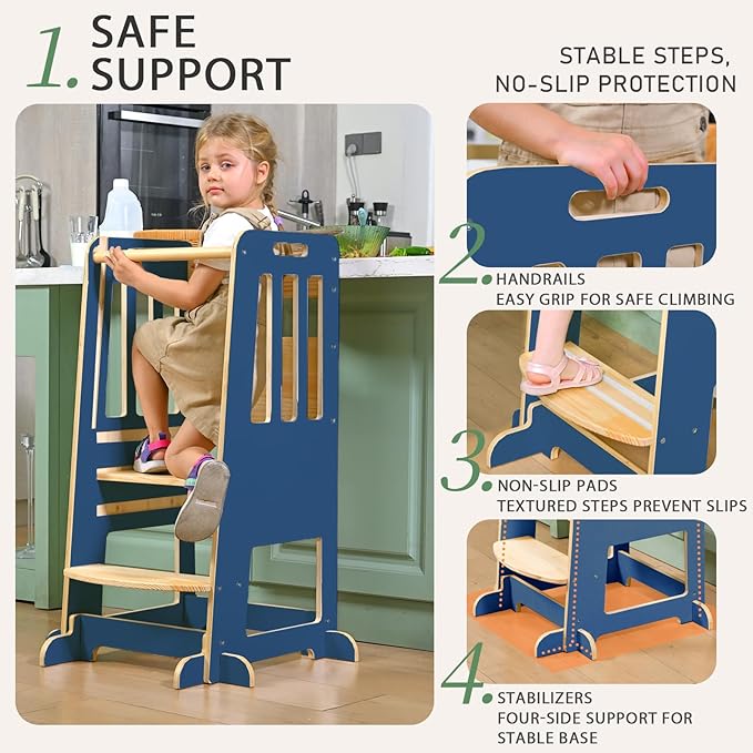 WINGYZ Toddler Kitchen Stool – Adjustable Helper Tower for Kids with Safety Rail, Wooden Standing Step-Up Stool, Sliding Door & Stable Base, Dark Blue