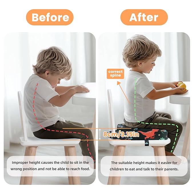 Toddler Booster Seat for Dining Table, Kids Booster Seat for Kitchen Chair with Non-Slip Bottom, Portable Detachable Washable Increasing Cushion with 2 Adjustable Straps (Dinosaur)
