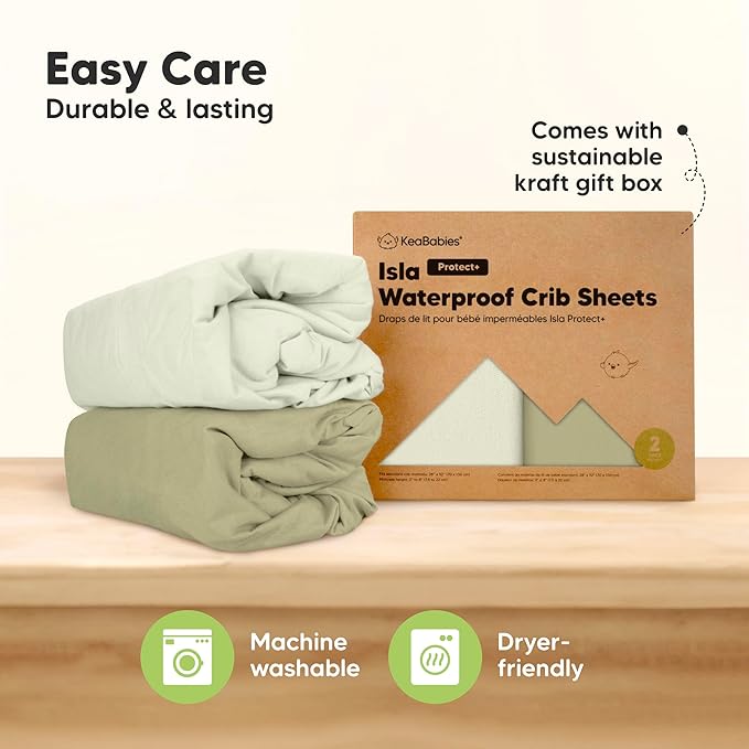 2-Pack Waterproof Baby Crib Sheets for Boys, Girls - 52x28 Viscose Derived from Bamboo Toddler Bed Sheet Neutral, Fitted Crib Mattress Protector Cover for Baby Bedding, Soft & Gentle (Oregano)