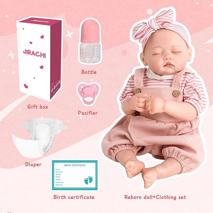 Jirachi Lifelike Reborn Baby Dolls Girl, 18-inch Full Vinyl Body Sleeping Newborn Real Baby Doll Adorable Pink Realistic Baby Dolls with Feeding Kit Gift for Kids Age 3+