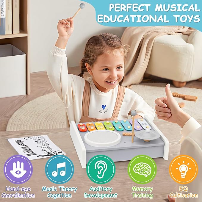 Kids Musical Instruments Piano Drum Set - 5 in 1 Montessori Toys for Toddler Baby, Wooden Music Kit with Piano Keyboard Xylophone, Preschool Educational Sensory Toys, Gifts for Boys Girls