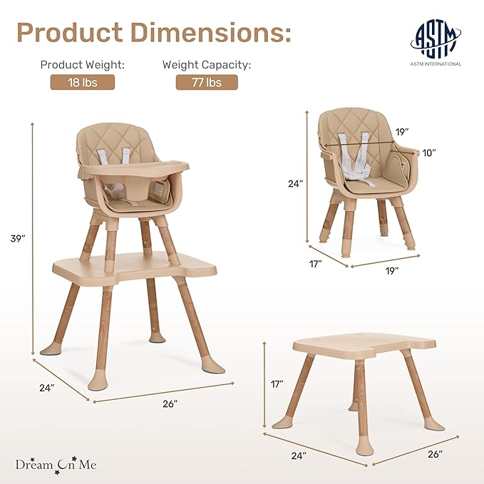 Dream On Me Luna 4-in-1 Convertible Baby High Chair in Beige, Transforms into Booster, Toddler Seat & Table Set, Adjustable and Removable Tray Portable High Chair