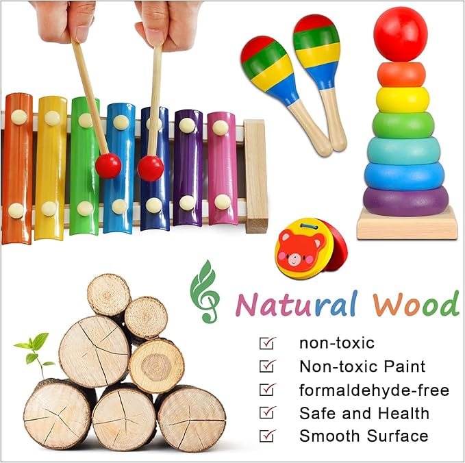 LOOIKOOS Toddler Musical Instruments,Wooden Percussion Instruments for Baby Kids Preschool Educational Musical Toys Set Boys and Girls with Carrying Bag