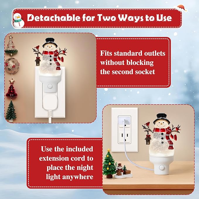 Christmas Snowman Night Light Plug into Wall Glitter Water Nightlight with USB/Outlet Options, Christmas Decorative Nightlight for Bedroom Kitchen Nursery Holiday Decorations Gifts (Snowman)
