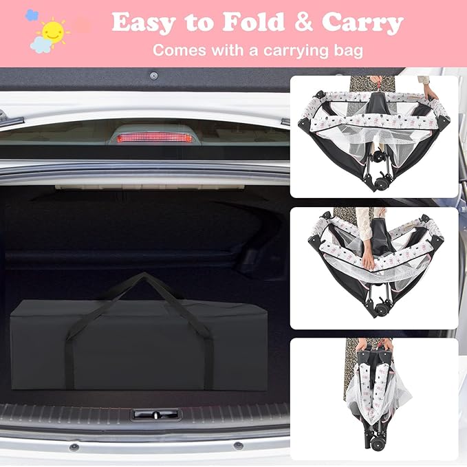 INFANS 3 in 1 Pack and Play, Portable Travel Baby Crib Bassinet with Detachable Mattress, Newborn Changing Table, Foldable Playpen with Carry Bag and 2 Wheels (Cartoon)