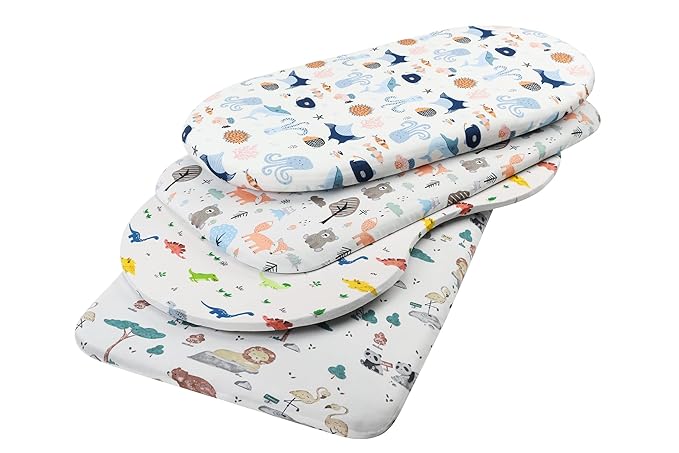 Onacosht Bassinet Sheets for Baby Boy and Girl, Stretchy Fitted Sheet Universal for Bassinet Cradle Hourglass Oval Rectangle Pad/Mattress, 4 Pack Undersea Fish, Animal and Dinosaur Printing