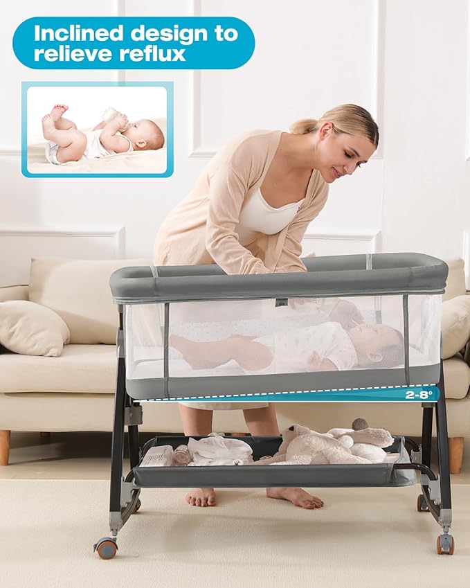 Baby Bassinet, Bassinet Bedside Sleeper with Wheels, Breathable Mesh Bedside Bassinet for Baby, Mosquito Net, Storage Basket, 6 Height Adjustable, Easy to Fold, Grey