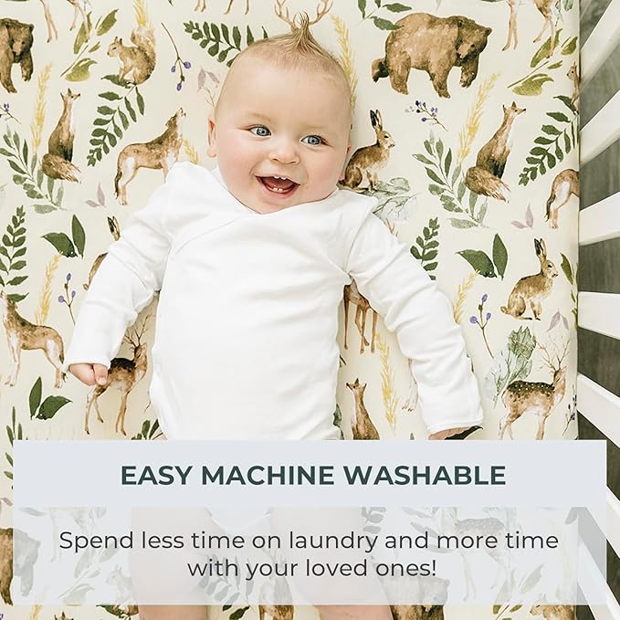 Pobibaby - 2 Pack Premium Fitted Baby Boy Crib Sheets for Standard Crib Mattress - Ultra-Soft Cotton Blend, Safe and Snug, and Stylish Woodland Crib Sheet (Wildlife)