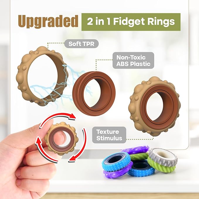 Fidget Toys Adults Sensory Rings: 12 Pack Texture Spinner Rings - Stress Relief Sensory Toys for Kids ADHD - Quiet Desk Fidgets for Classroom Anxiety Office for Teens Boys