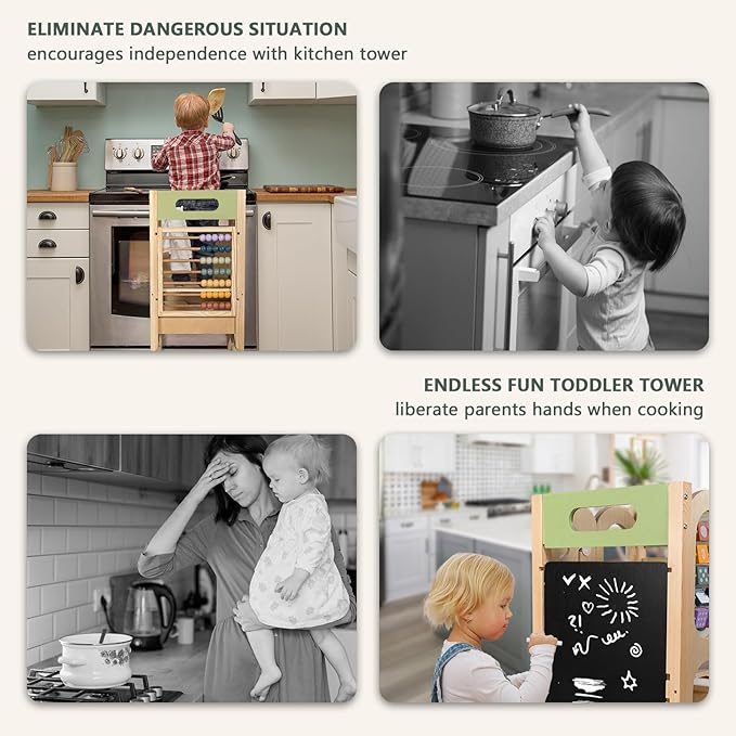 Foldable Toddler Tower with 3 Adjustable Height Step Stool, Easy Clean Toddler Kitchen Stool Helper, Montessori Learning Tower Stool for Toddlers with Chalkboard & Counting Beads