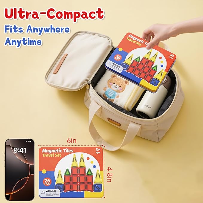 Magnetic Tiles Travel Toys with Storage Case, Portable STEM Building Blocks for 3-8 Year Olds, Toddler Airplane Activities & On-The-Go Birthday Gift for Boys & Girls